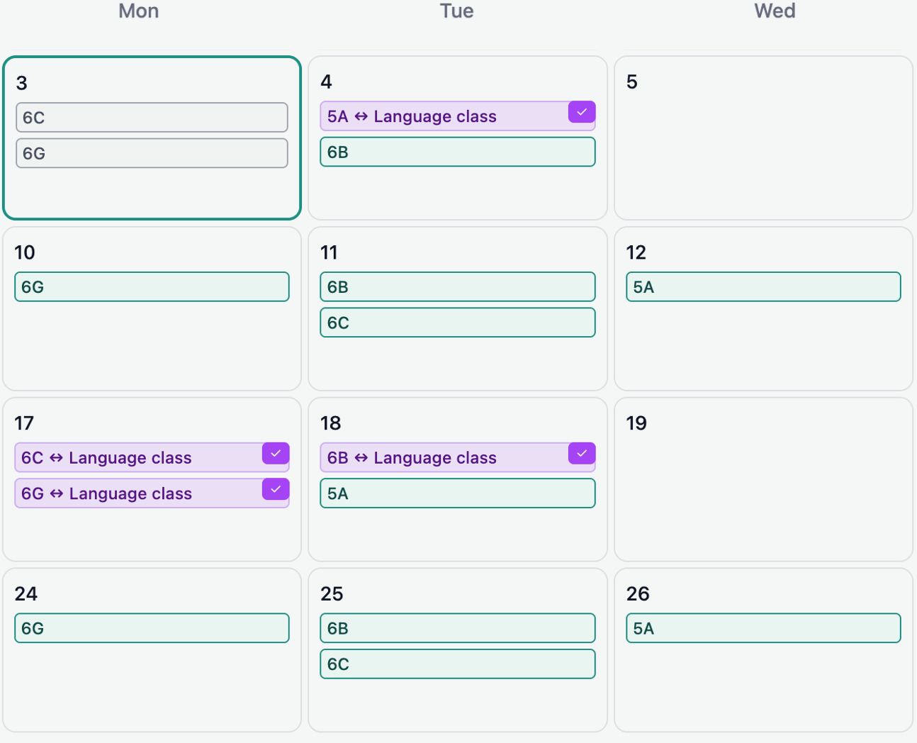 Calendar view showing available sessions